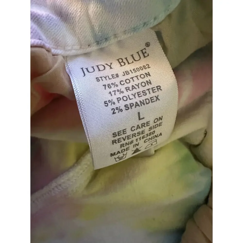✨2/$20 Judy Blue Swirl Tie Dye Raw Cut Off Denim Shorts Large Summer Festival - Picture 7 of 16